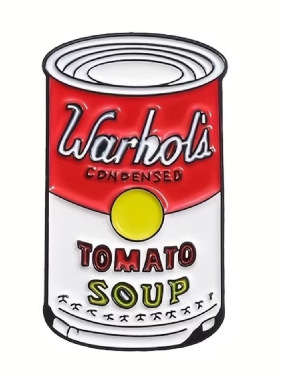 Warhol's Tomato Soup Pin. Stylish pin featuring Warhol's Tomato Soup design.